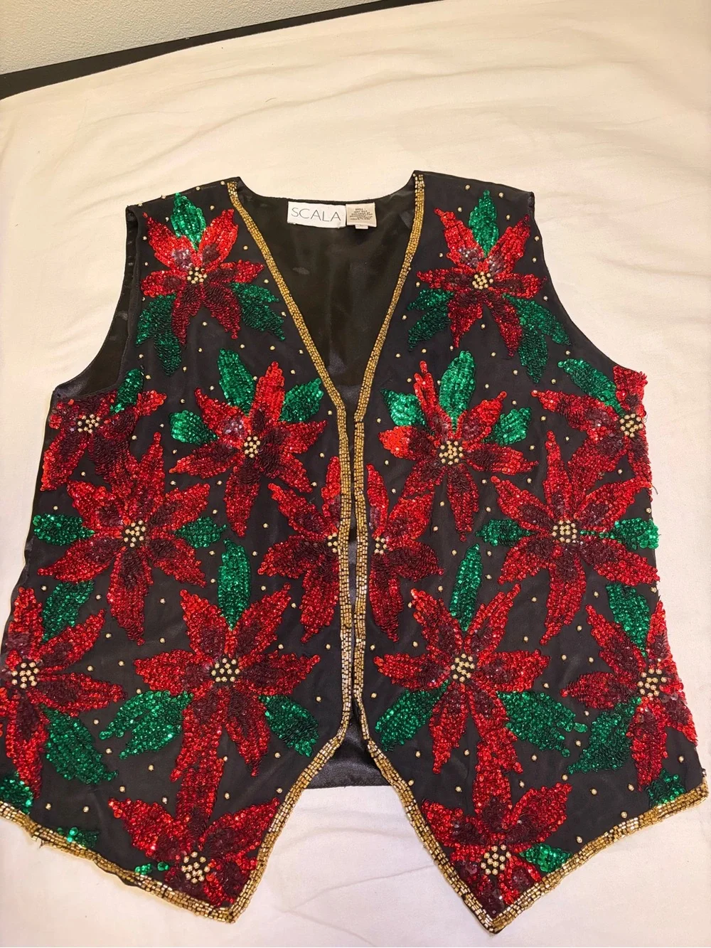 SCALA Black Sequin Vest with Red & Green Poinsettias